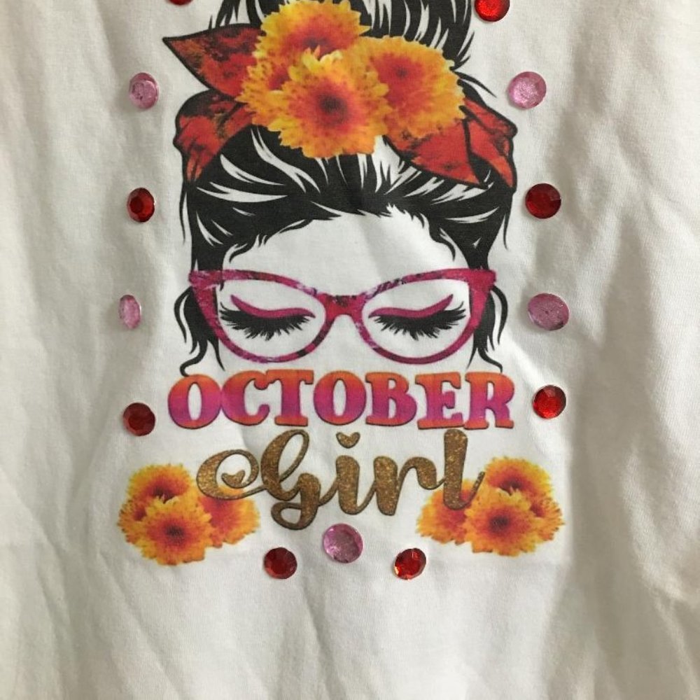 October Girl Custom Made Embellished T Shirt  J3  Size Large